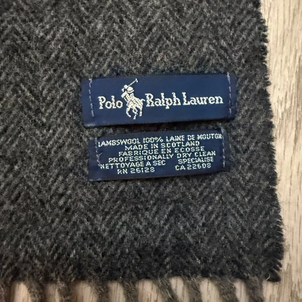 Polo Ralph Lauren Unisex Wrap Scarf Lambswool Charcoal Gray Fringe Fall Winter